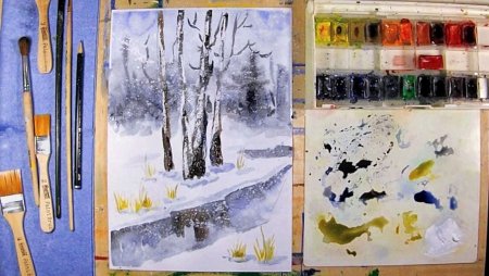 Зимний пейзаж гуашью