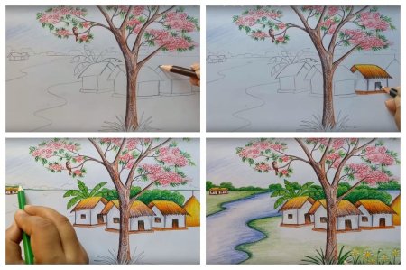 Этапы рисования пейзажа гуашью