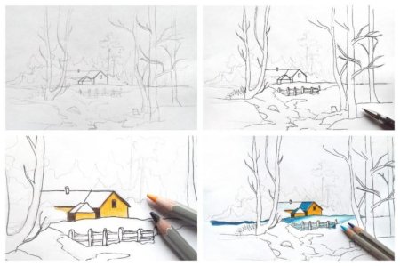 Зимний пейзаж карандашом для детей