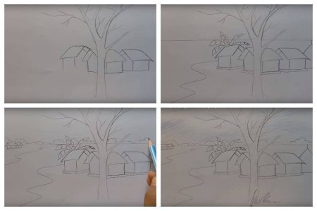 Зимний пейзаж карандашом