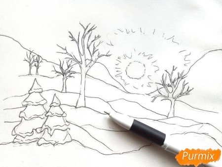 Зимний лес рисунок для детей карандашом