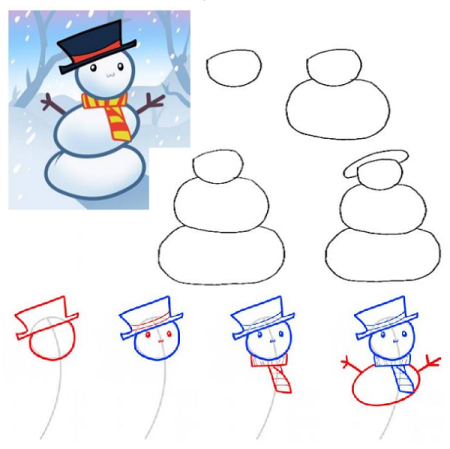 Рисунки несложные снеговиков и Зайцев
