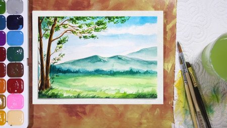 Пейзаж красками для детей