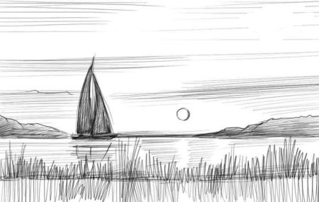 Пейзаж закат карандашом простым