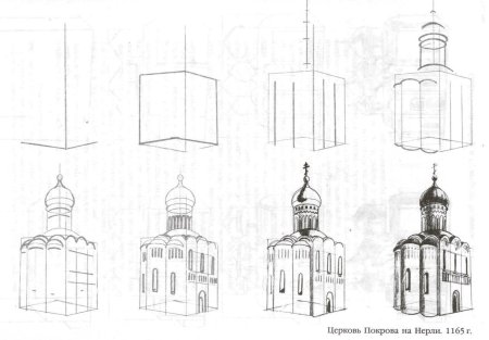 Поэтапное рисование храма на Нерли
