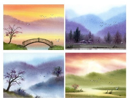 Поэтапные рисунки акварелью пейзаж