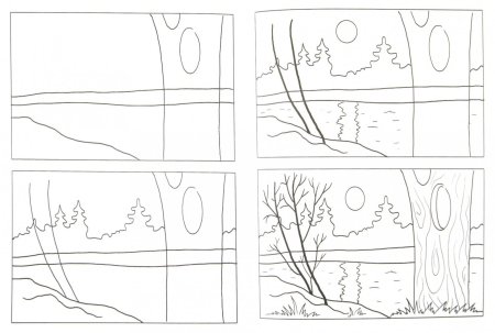 Осенний пейзаж пошагово гуашью