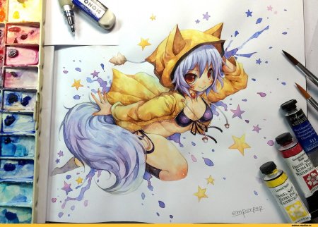 Аниме акварельными карандашами