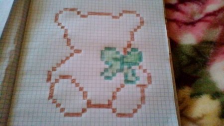 Мишка по клеточкам в тетради с сердце