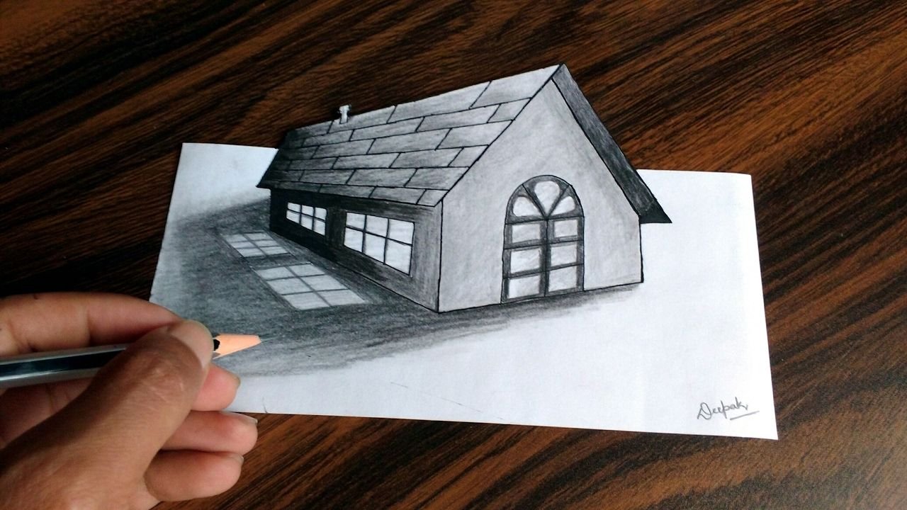 Объемный дом карандашом