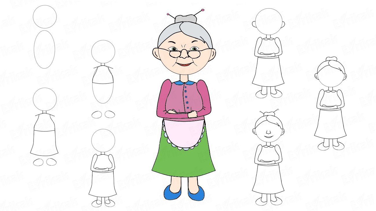Как нарисовать ребенка поэтапно простым карандашом. Бабушка рисунок. Рисование человека для детей. Рисуем бабушку поэтапно. Бабушка рисунок карандашом.