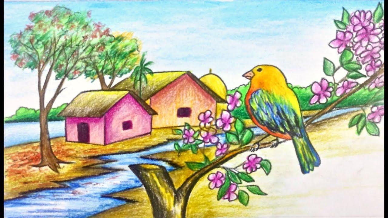 Рисовать красивую весну. Весенний пейзаж цветными карандашами. Весенний пейзаж рисунок.