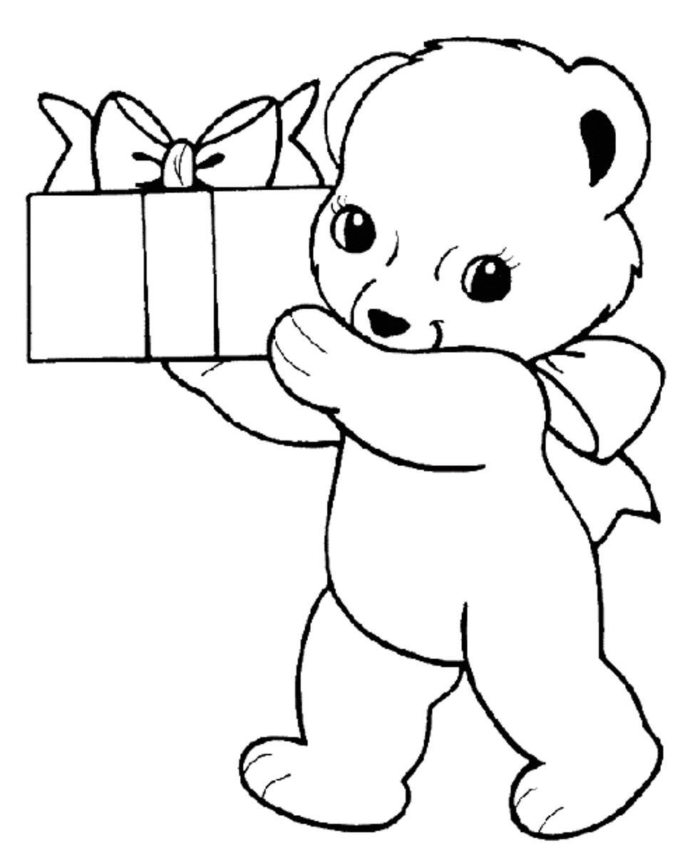 Раскраска открытка Медвежонок с подарком