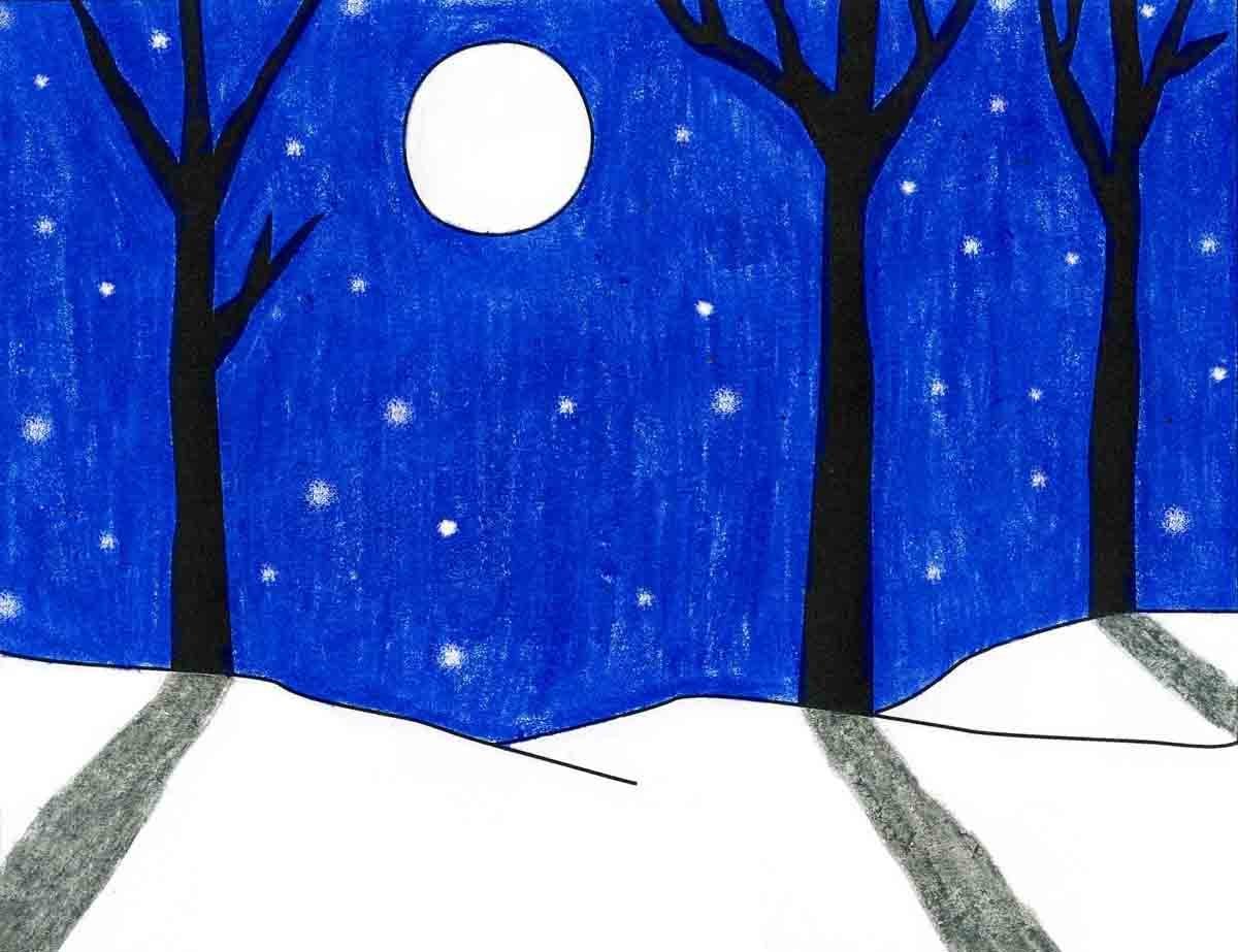 Рисование зимний ночной пейзаж