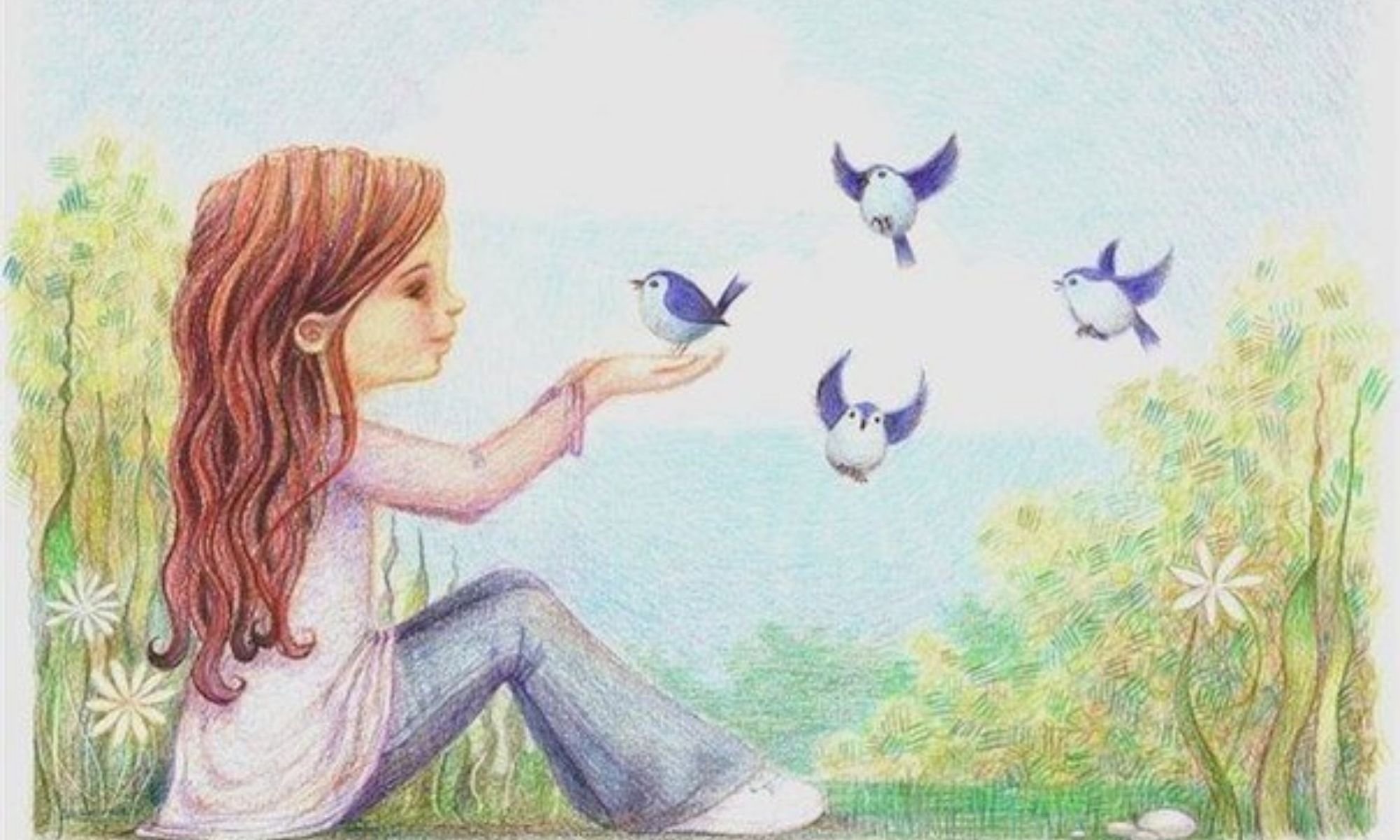Сказка девочка птичка. Душевные рисунки. Девочка с птичкой. Добрые рисунки. Иллюстрации счастье.