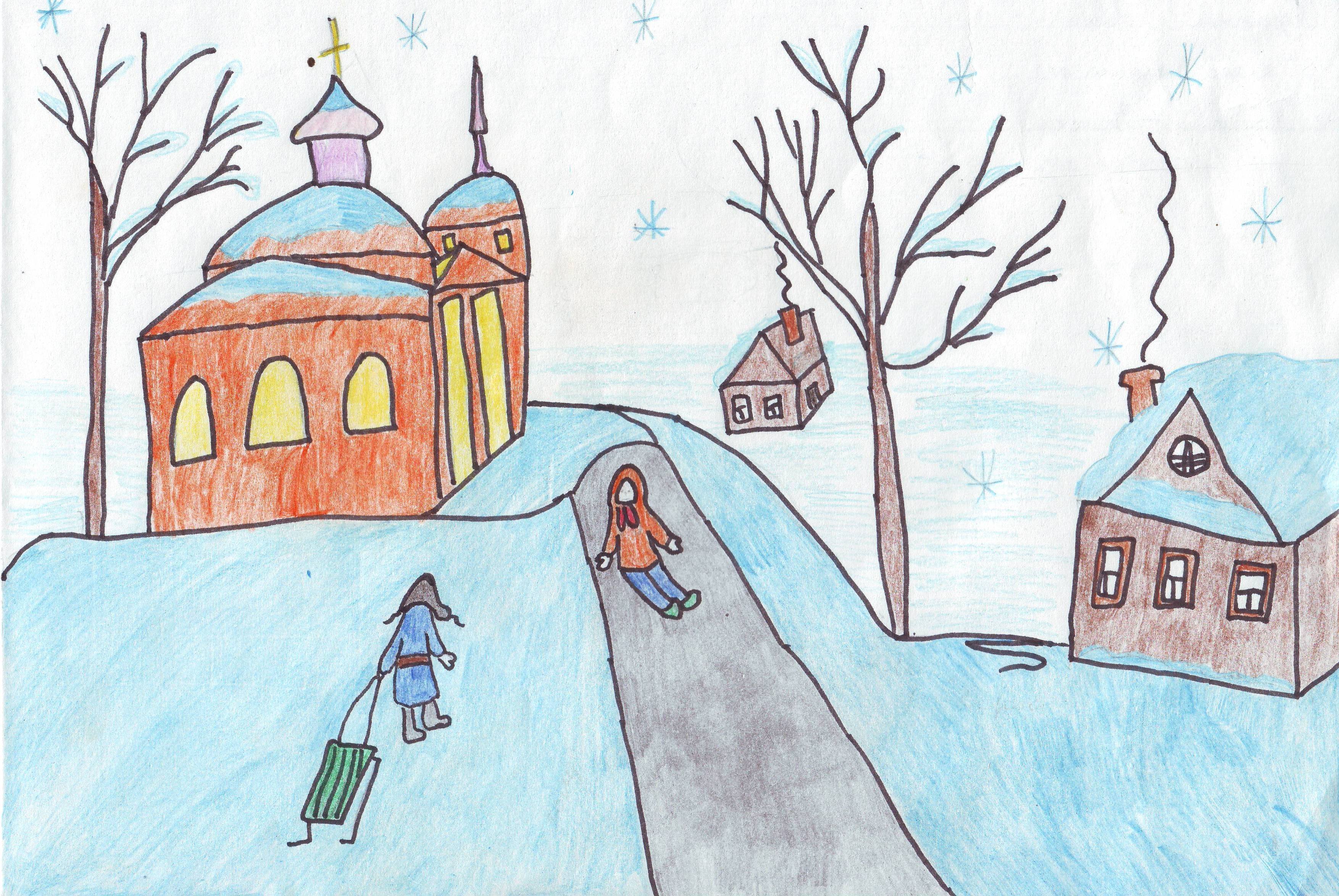 Зимний город рисунок детский