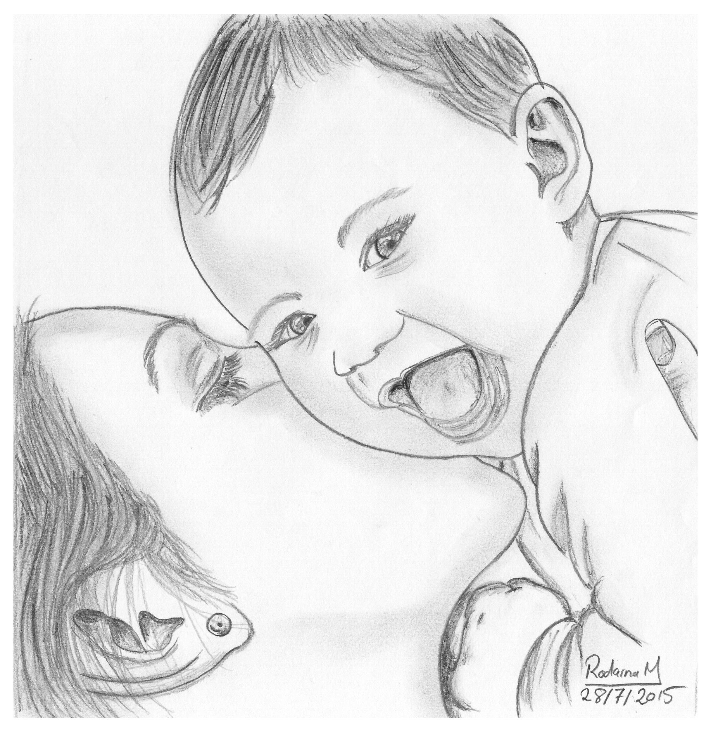 Портрет мамы и ребенка карандашом