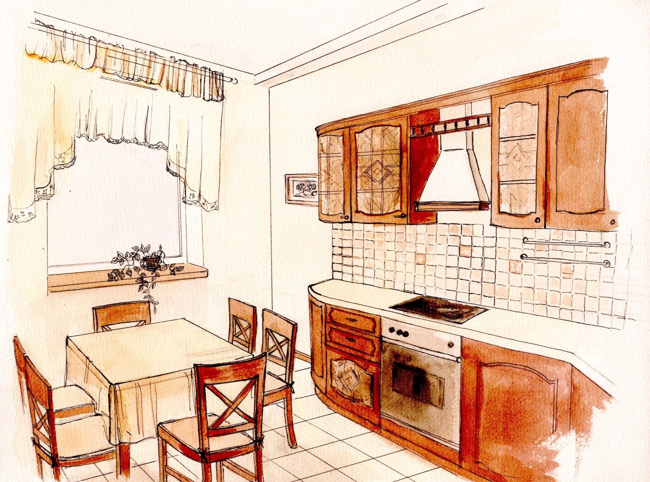Рисование комнаты кухни