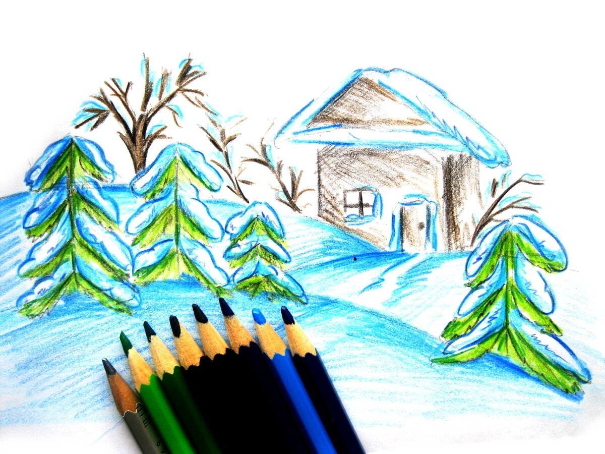 Зимние картинки легко. Зимний пейзаж цветными карандашами. Зимний пейзаж карандашом для детей. Зимние рисунки для детей. Рисунок зима простым карандашом.