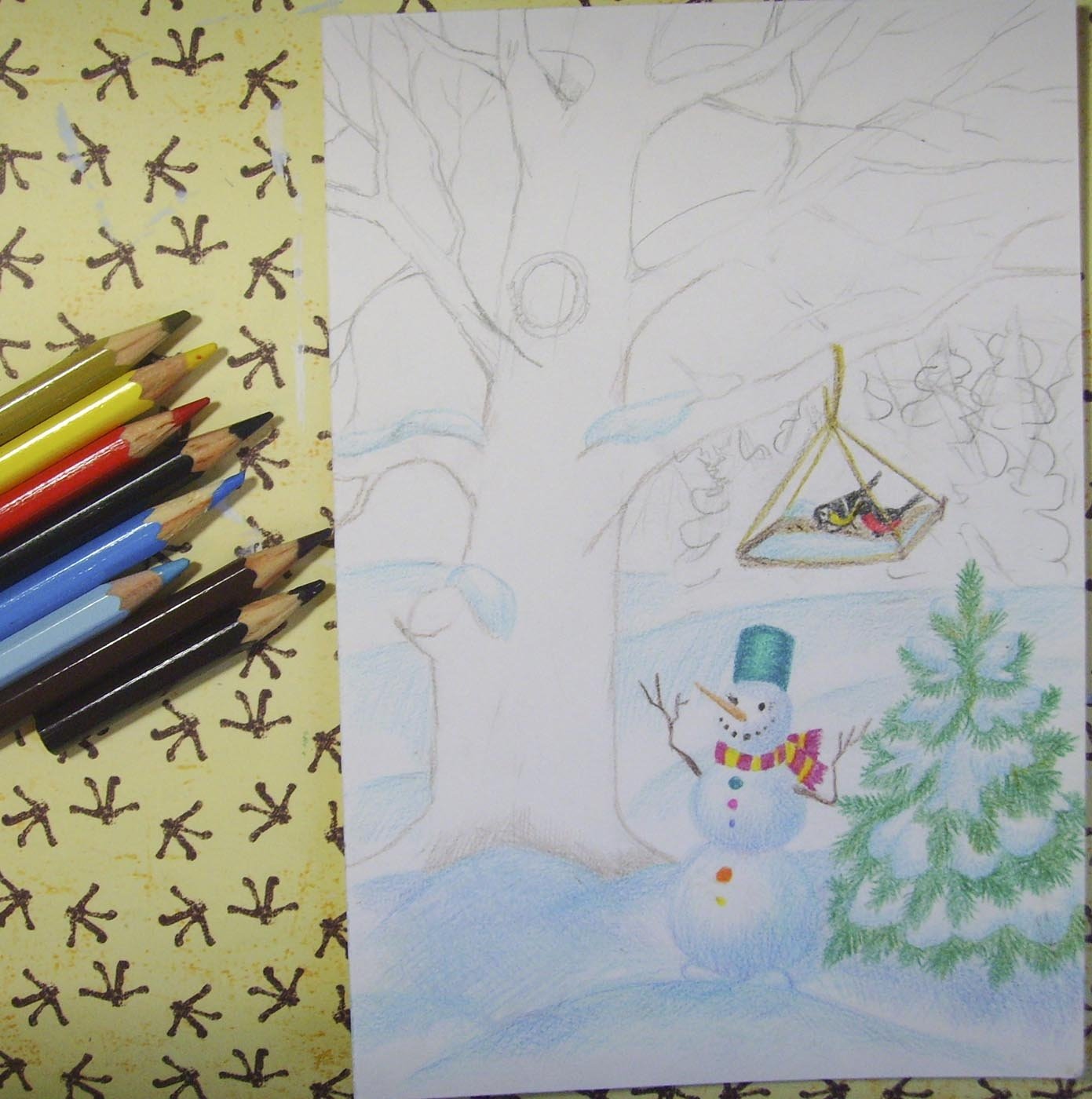 Рисование цветными карандашами зима