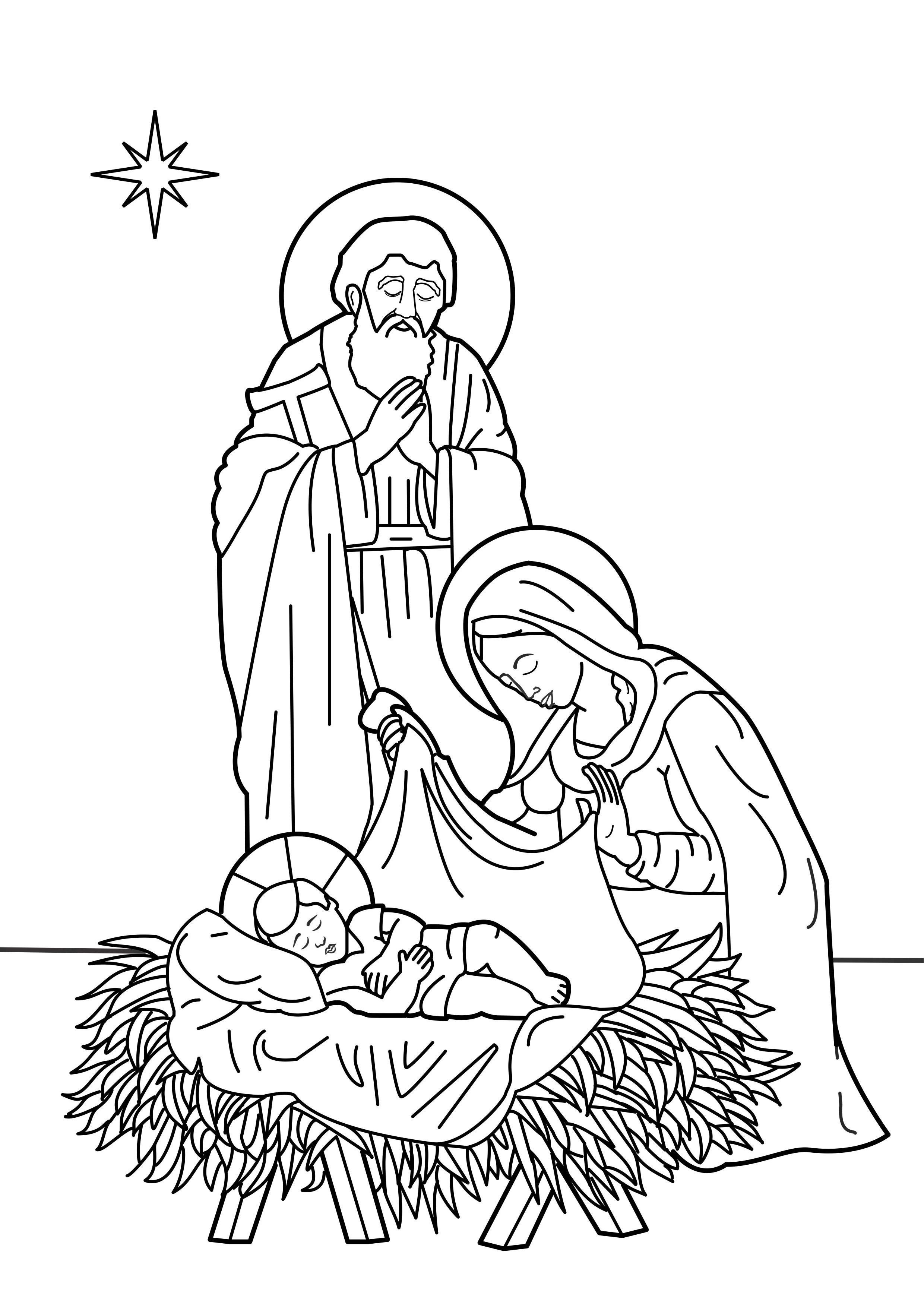 Иосиф и Мария в вертепе раскраска