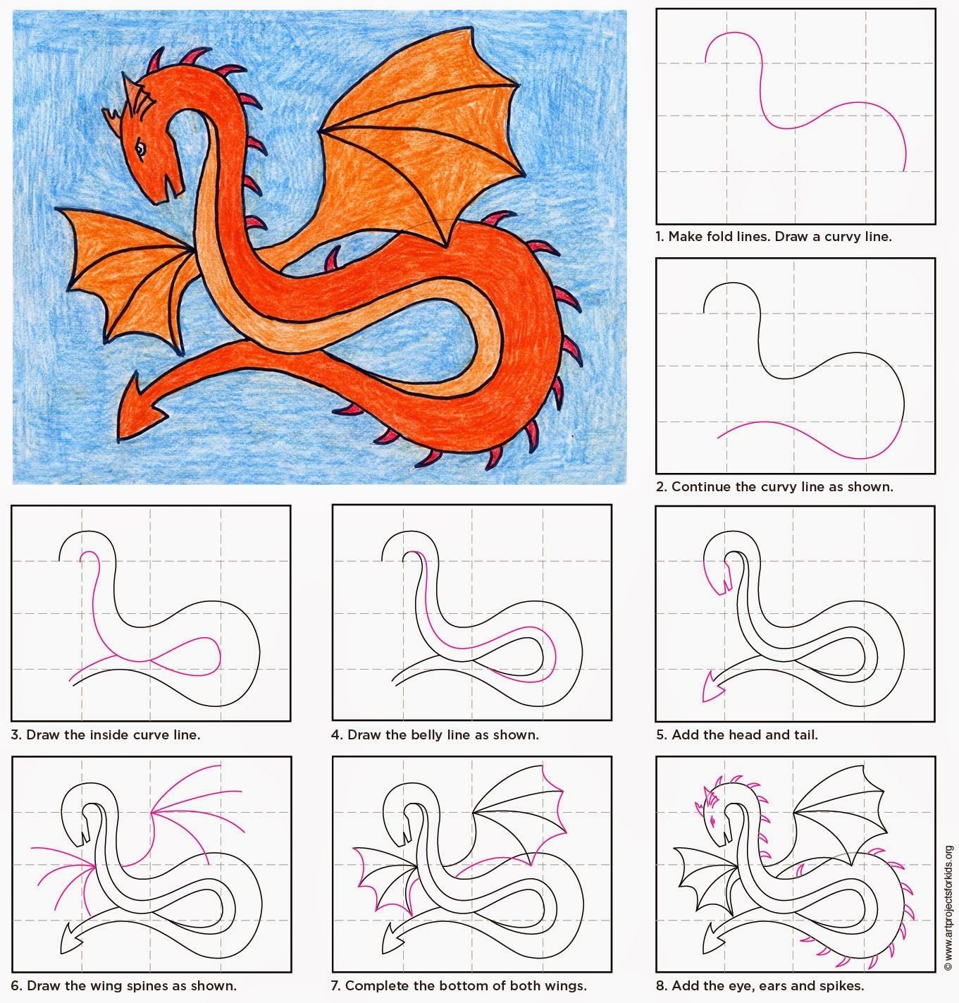 Легкие драконы для детей. Схема рисования дракона. Поэтапное рисование дракона. Пошаговое рисование дракона. Урок рисование дракон для детей.