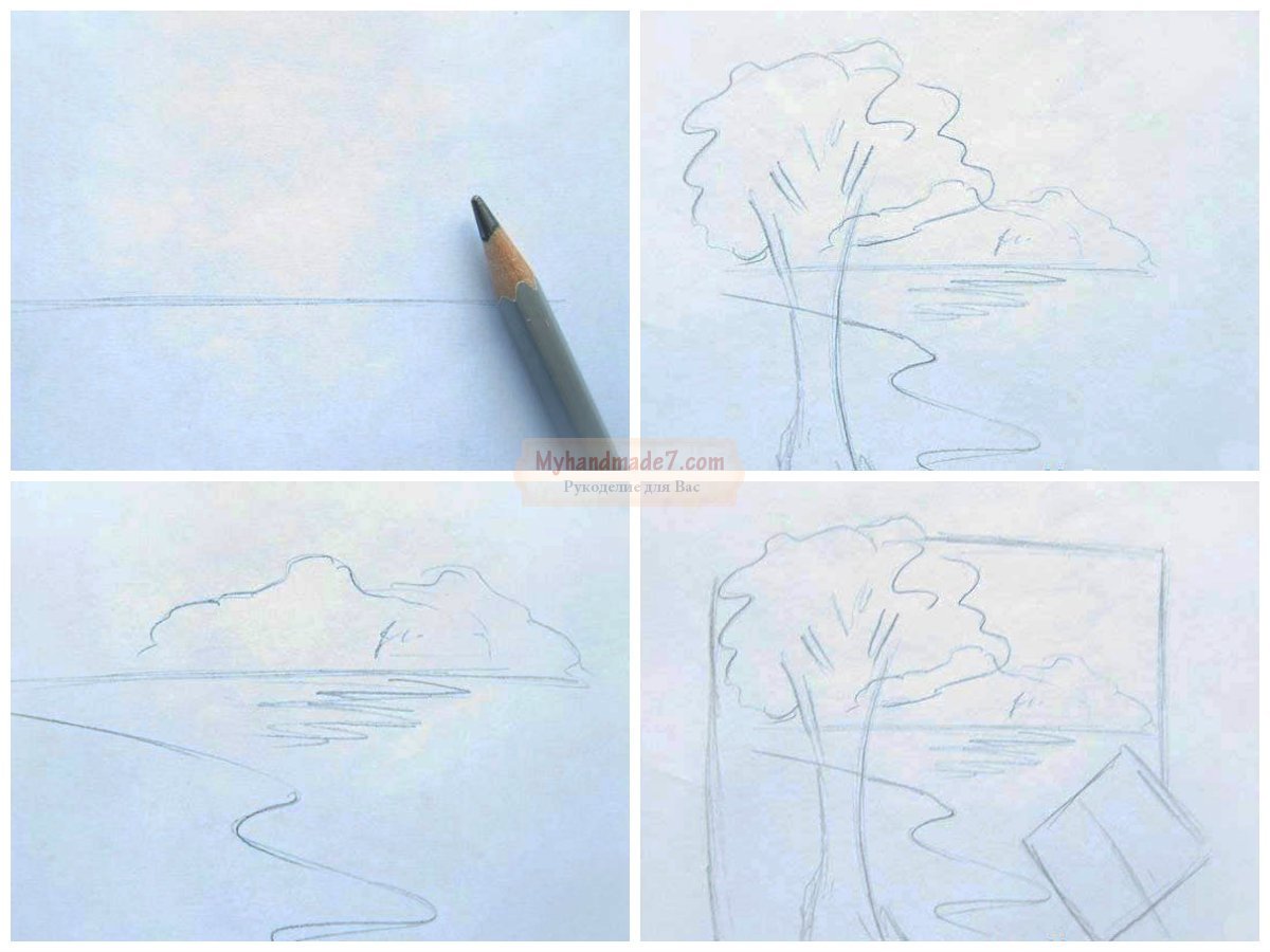 Как нарисовать пейзаж по этапно ручкой