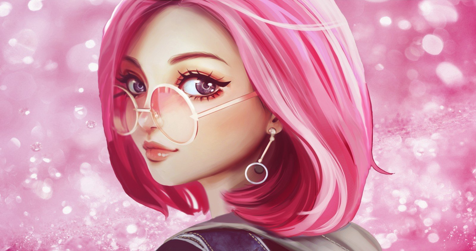 Девочка с розовыми волосами в очках