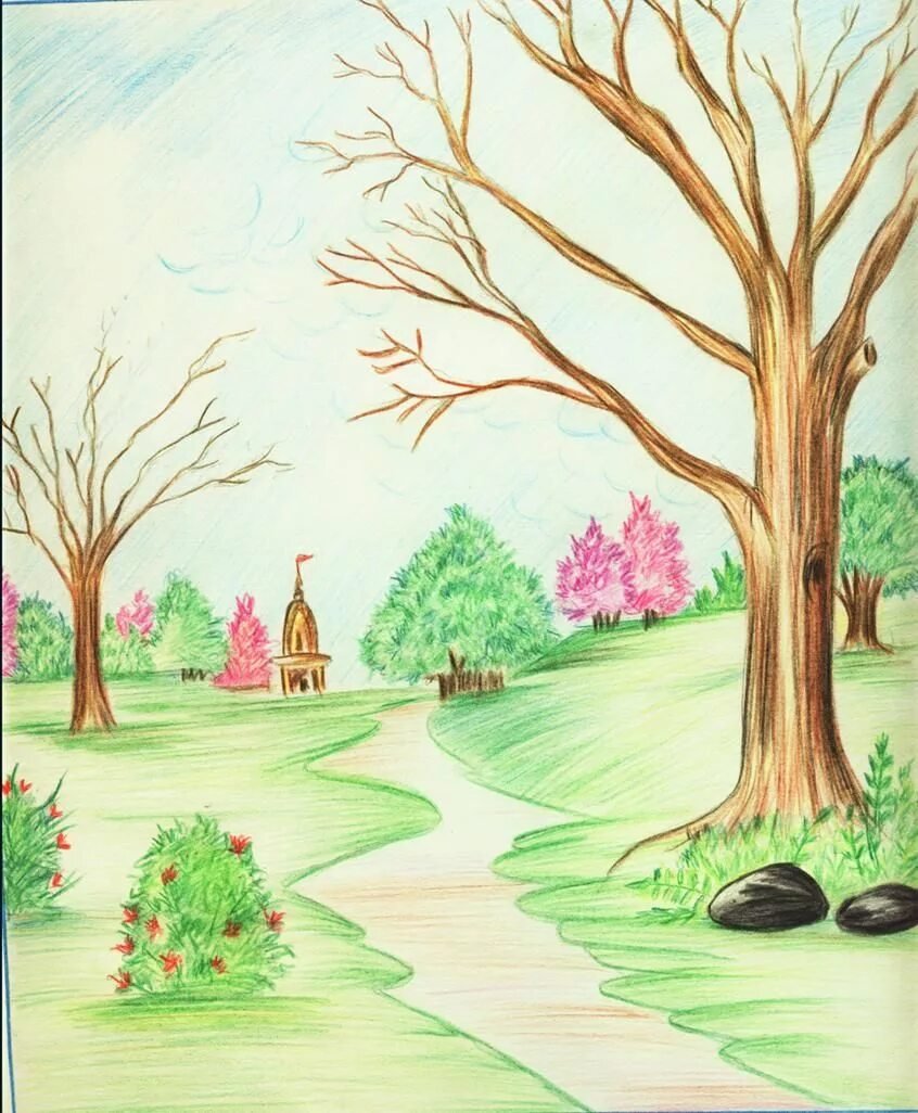 Весенний пейзаж детский рисунок легкий