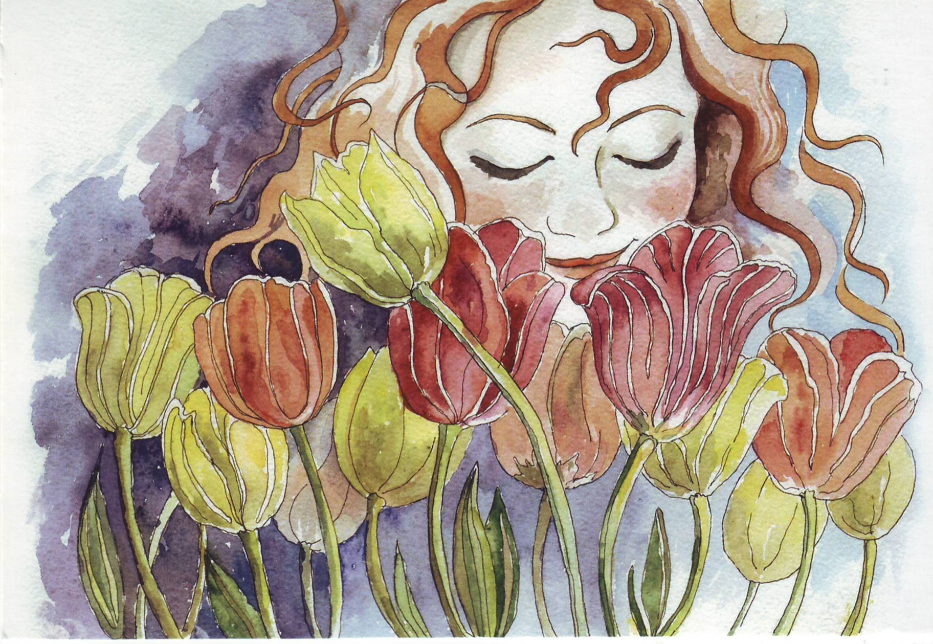 Рисунок мамы с цветами акварелью