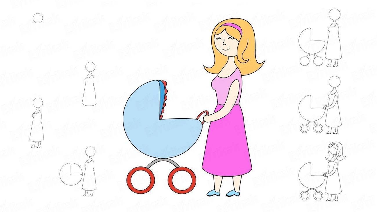 Мама с коляской рисунок для детей