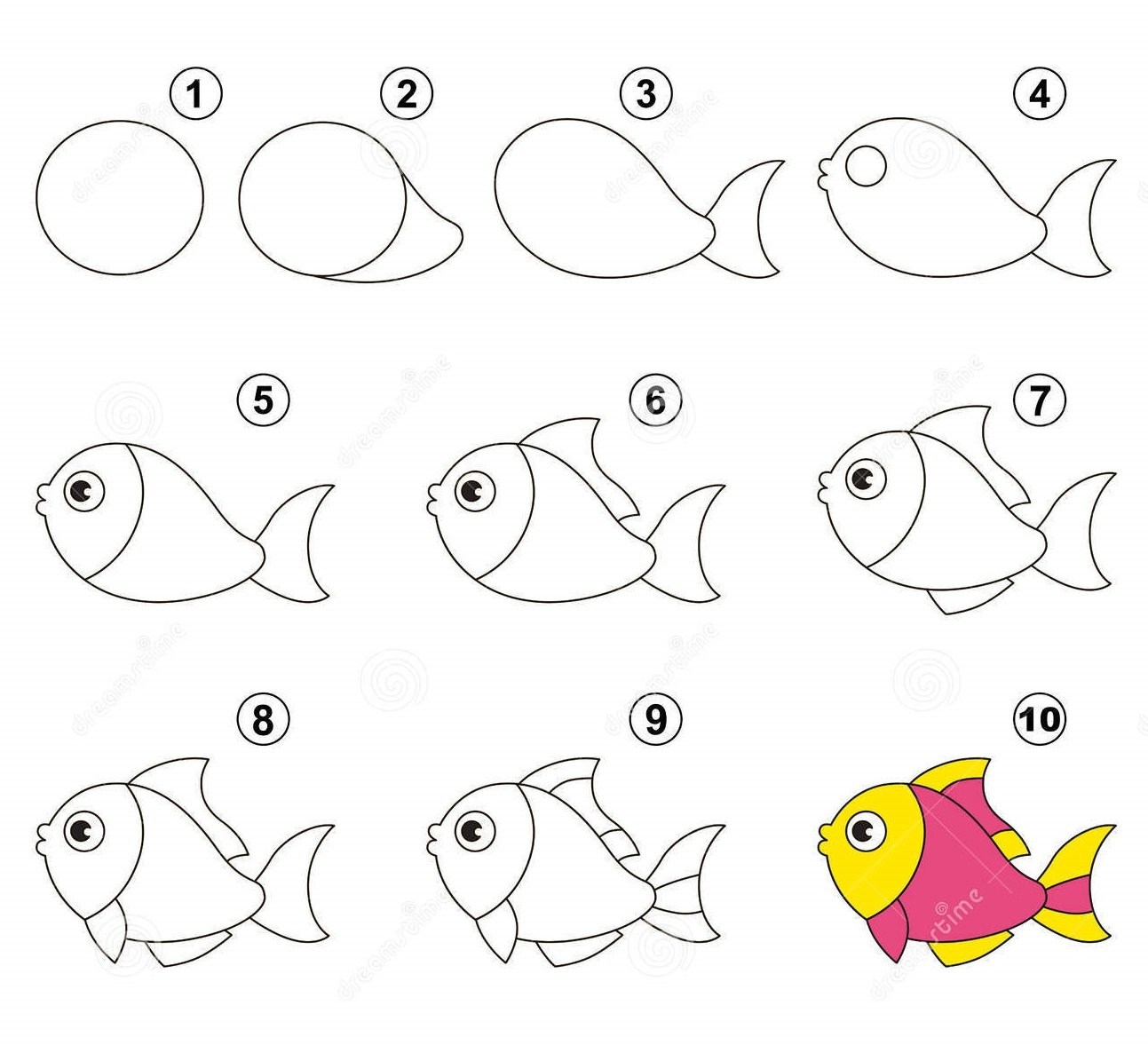 Схема рисования рыбки для детей
