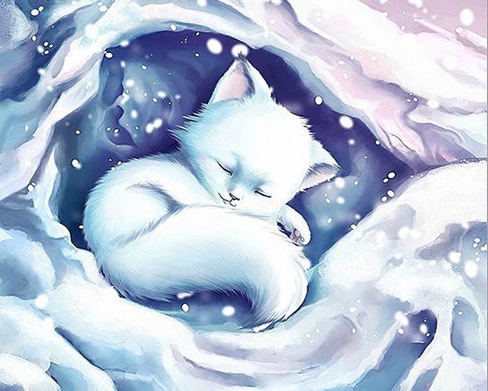 Белая кошка в снегу арт