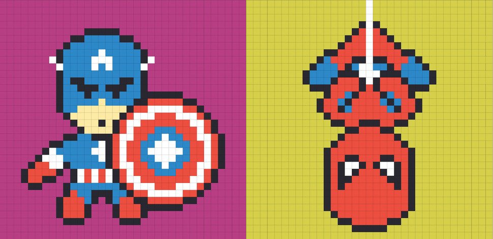 Нарисуйте 3 х супергероев для игры в стиле pixel art