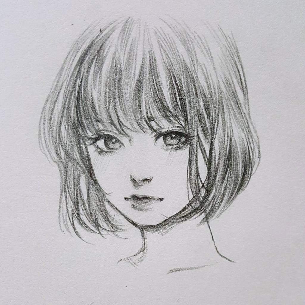 Девочка с чёлкой карандашом