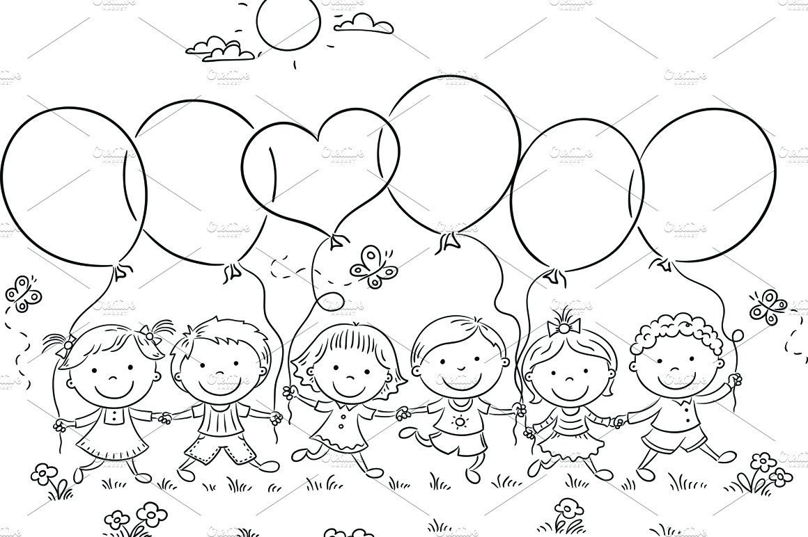 Раскраска дети с шариками и цветами