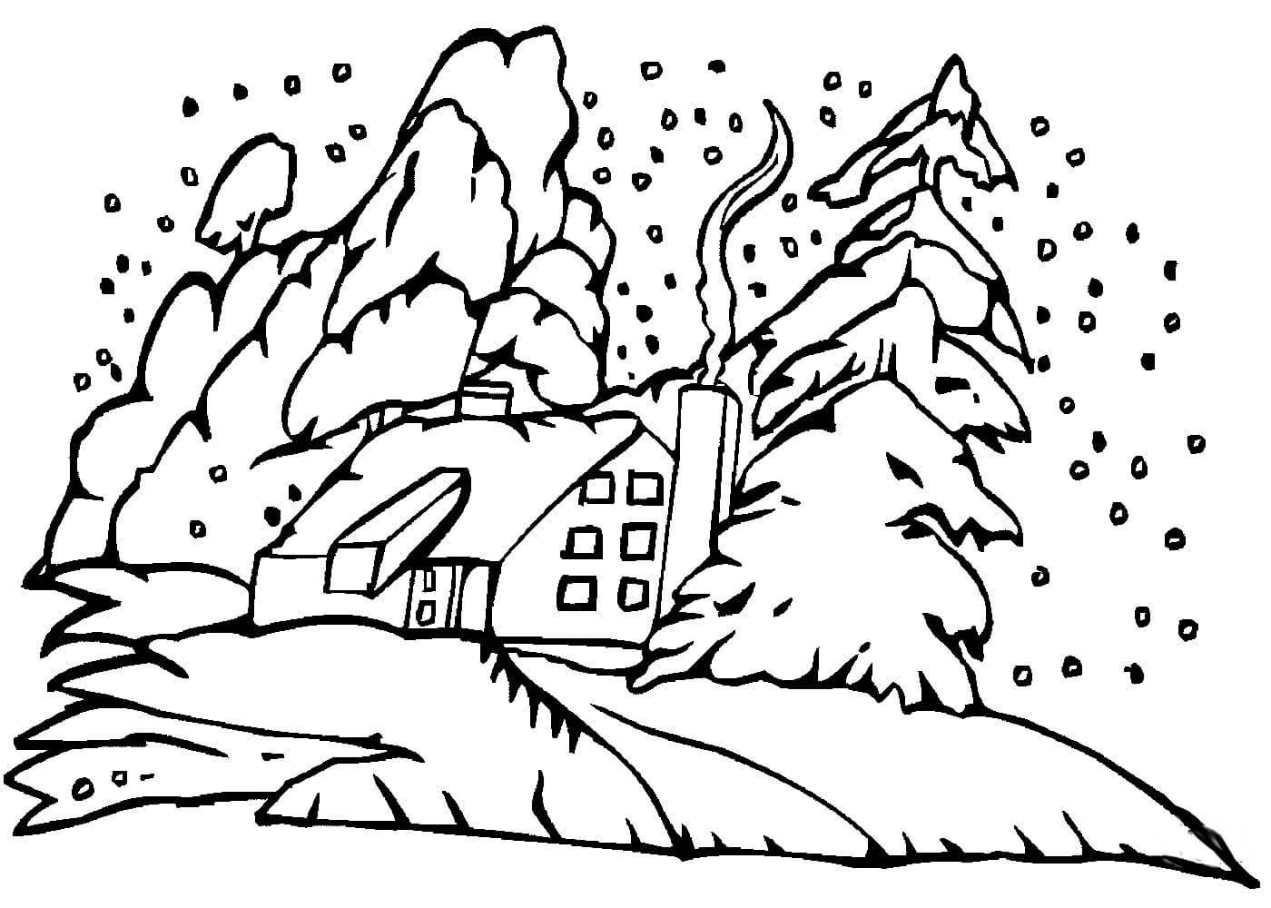 Раскраска зимний домик в лесу