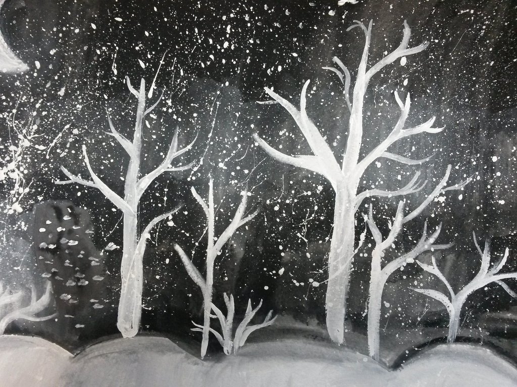 Рисунок черно белой краской. Зимние рисунки. Зимний лес белой гуашью. Пейзаж белой гуашью. Зимний пейзаж белой краской.