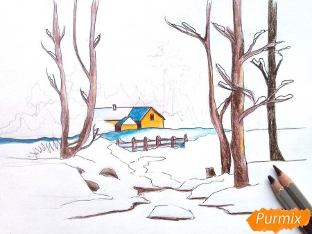 Зимний пейзаж карандашом