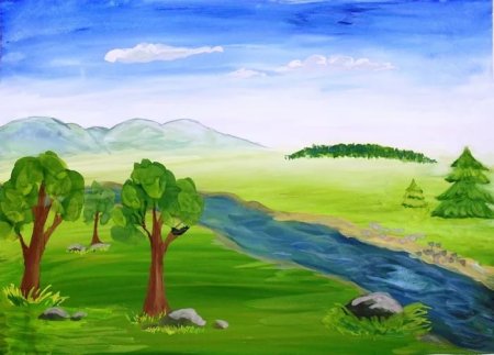 Летний пейзаж акварелью для начинающих