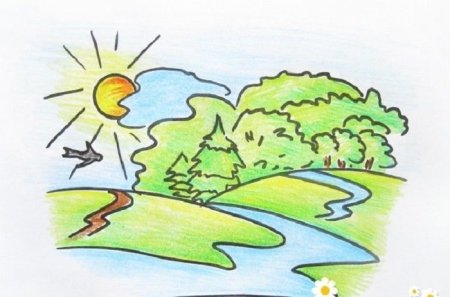 Летний пейзаж цветными карандашами