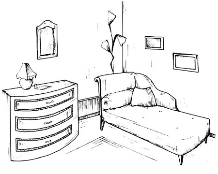 Угловая перспектива комнаты с мебелью