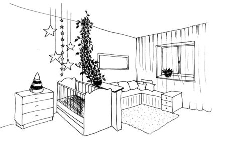 Рисунок детской комнаты в перспективе с мебелью