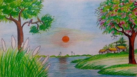 Пейзаж цветными карандашами для детей