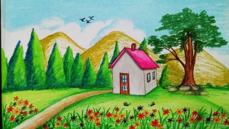 Пейзаж цветными карандашами для детей