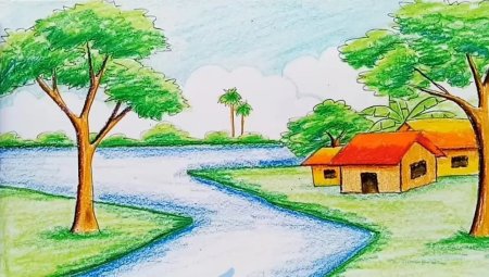 Пейзаж цветными карандашами для детей