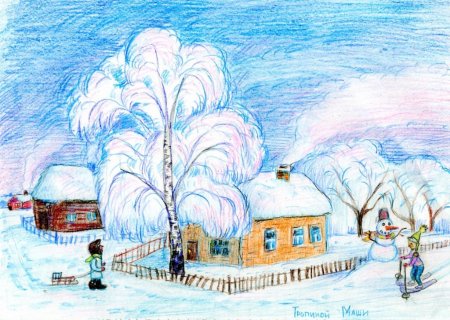 Зимний пейзаж цветныекарандашами