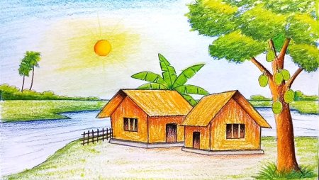Летний пейзаж цветными карандашами