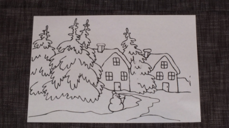 Зимний пейзаж карандашом