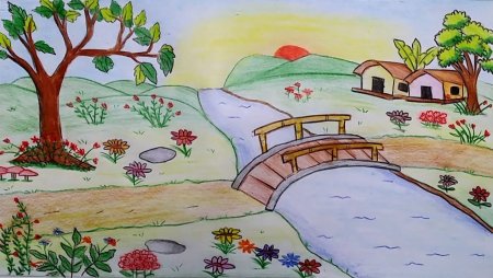 Детский пейзаж карандашом